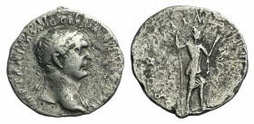 Trajan (98-117). AR Denarius (19mm, 2.67g, 6h). Rome, c. 103-7. Laureate bust r., slight drapery. R/ Virtus standing r., resting l. foot on helmet, ho...