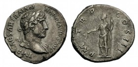 Hadrian (117-138). AR Denarius (19mm, 3.23g, 7h). Rome, 119-122. Laureate bust r., slight drapery on l. shoulder. R/ Pax standing l., holding olive br...
