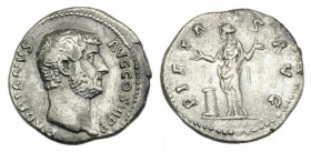 Hadrian (117-138). AR Denarius (16mm, 3.12g, 6h). Rome, 134-8. Bare head r. R/ Pietas standing facing, head l., raising hands; altar to l. RIC II 257;...