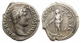 Hadrian (117-138). AR Denarius (18mm, 3.00g, 6h). Rome, 134-8. Bareheaded bust r., slight drapery. R/ Tellus standing l., holding handle of plough and...