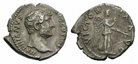 Hadrian (117-138). AR Denarius (18mm, 2.74g, 6h). Rome, c. 134-8. Laureate head r. R/ Victory standing r, drawing out fold of dress and holding branch...
