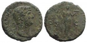 Hadrian (117-138). Æ As (25mm, 10.56g, 6h). Rome. Laureate head r. R/ Fides standing r., holding corn ears and basket of fruits. RIC II 668. Green pat...