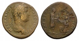 Hadrian (117-138). Æ Sestertius (31mm, 22.85g, 6h). Rome, 134-8. Laureate and draped bust r. R/ Hadrian standing r., raising kneeling Gaul by hand. RI...