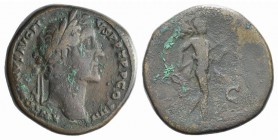 Antoninus Pius (138-161). Æ Sestertius (30mm, 22.90g, 6h). Rome, AD 147. Laureate head r. R/ Mars advancing r., holding transverse spear and trophy. R...