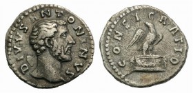 Divus Antoninus Pius (died AD 161). AR Denarius (17mm, 3.18g, 6h). Rome, AD 161. Bare head r. R/ Eagle standing r. on garlanded altar, head l. RIC III...
