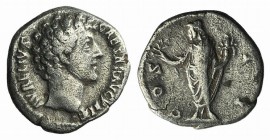 Marcus Aurelius (Caesar, 139-161). AR Denarius (17mm, 2.84g, 1h). Rome, 145-7. Bare head r. R/ Honos standing l., holding branch and cornucopia. RIC I...