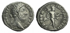 Marcus Aurelius (161-180). AR Denarius (18mm, 3.41g, 6h). Rome, AD 176. Laureate head r. R/ Mars advancing r., holding transverse spear and trophy. RI...