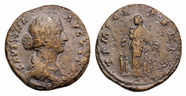 Faustina Junior (Augusta, 147-175). Æ Sestertius (32mm, 23.67g, 12h). Rome, after AD 161. Draped bust r. R/ Faustina standing l., holding two infants,...