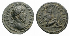 Lucius Verus (161-169). Plated Denarius (18mm, 2.72g, 6h). Rome, AD 165. Laureate head r. R/ Parthian captive seated r., hands bound behind his back; ...