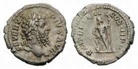 Septimius Severus (193-211). AR Denarius (19mm, 3.03g, 12h). Rome, AD 210. Laureate head r. R/ Neptune standing l., leaning on raised r. leg set on ro...