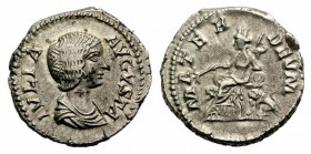Julia Domna (Augusta, 193-211). AR Denarius (18mm, 3.37g, 12h). Rome, 196-211. Draped bust r. R/ Cybele, towered, seated l. on throne between two lion...