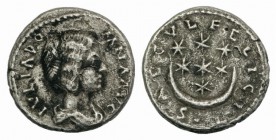 Julia Domna (Augusta, 193-217). AR Denarius (16mm, 2.98g, 1h). Emesa, 194-5. Draped bust r. R/ Crescent and seven stars. RIC IV 629; RSC 173. VF