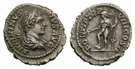 Caracalla (198-217). AR Denarius (18mm, 2.80g, 12h). Rome, AD 205. Laureate and draped bust r. R/ Helmeted Mars standing l., his right foot set on hel...