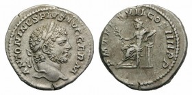 Caracalla (198-217). AR Denarius (19mm, 2.98g, 12h). Rome, AD 214. Laureate head r. R/ Apollo seated l., holding branch and leaning against tripod wit...