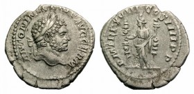 Caracalla (198-217). AR Denarius (19mm, 2.60g, 12h). Rome, AD 215. Laureate head r. R/ Fides standing l., holding a standard in each hand. RIC IV 266;...