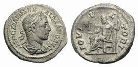 Severus Alexander (222-235). AR Denarius (18mm, 3.22g, 6h). Rome, AD 225. Laureate and draped and cuirassed bust r. R/ Jupiter seated l., holding Vict...