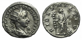 Gordian III (238-244). AR Antoninianus (20mm, 3.48g, 6h). Rome, AD 238. Radiate, draped and cuirassed bust r. R/ Fides standing facing, head l., holdi...