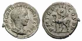Gordian III (238-244). AR Denarius (18mm, 2.81g, 1h). Rome, AD 240. Laureate, draped and cuirassed bust r. R/ Gordian on horseback prancing l., holdin...