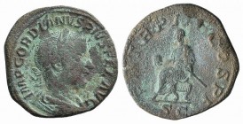 Gordian III (238-244). Æ Sestertius (30mm, 15.89g, 1h). Rome, AD 240. Laureate, draped and cuirassed bust r. R/ Gordian seated l. on curule chair, hol...