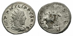 Philip I (244-249). AR Antoninianus (22mm, 4.09g, 8h). Rome, AD 248. Radiate, draped and cuirassed bust r. R/ Philip I and Philip II on horses gallopi...