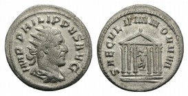 Philip I (244-249). AR Antoninianus (21mm, 3.31g, 12h). Rome, AD 249. Radiate, draped and cuirassed bust r. R/ Hexastyle temple with statue of Roma se...