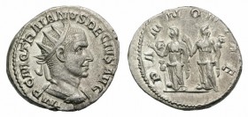 Trajan Decius (249-251). AR Antoninianus (21mm, 4.62g, 6h). Rome, AD 250. Radiate, draped and cuirassed bust r. R/ The two Pannoniae standing facing, ...