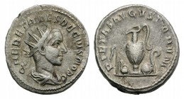 Herennius Etruscus (Caesar, 249-251). AR Antoninianus (21mm, 4.37g, 6h). Rome, AD 250. Radiate and draped bust r. R/ Emblems of the pontificate: asper...