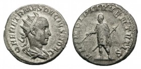 Herennius Etruscus (Caesar, 249-251). AR Antoninianus (20mm, 4.36g, 2h). Rome, AD 250. Radiate and draped bust r. R/ Herennius standing l., holding ba...