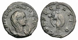 Diva Mariniana (died c. AD 253) AR Antoninianus (20mm, 1.93g, 12h). Diademed, veiled and draped bust r., on crescent. R/ Peacock standing facing, head...