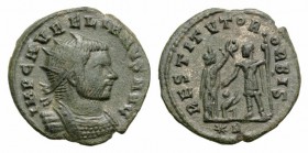 Aurelian (270-275). Radiate (20mm, 3.52g, 6h). Cyzicus, 272-3. Radiate and cuirassed bust r. R/ Female standing r., presenting wreath to emperor stand...