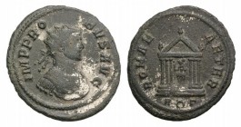 Probus (276-282). Radiate (23mm, 3.43g, 12h). Rome, AD 279. Radiate and cuirassed bust r. R/ Roma seated facing, head l., within temple, holding Victo...