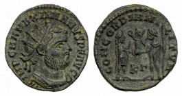 Maximianus (286-305). Æ Radiate (20mm, 2.49g, 12h). Cyzicus, 295-9. Radiate, draped and cuirassed bust r. R/ Jupiter presenting Victory on globe to Ma...