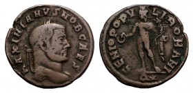 Maximianus (286-305). Æ Follis (28mm, 7.54g, 12h). Rome, 299-300. Laureate head r. R/ Genius standing l., holding patera and cornucopia; Q*. RIC VI 95...