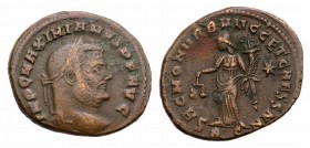 Maximianus (286-305). Æ Follis (29mm, 10.29g, 12h). Rome, 302-3. Laureate head r. R/ Moneta standing l., holding scales and cornucopia; *//RS. RIC VI ...