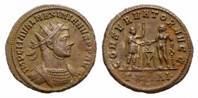 Maximianus (286-305). Radiate (23mm, 4.01g, 12h). Siscia, 288-293. Radiate and cuirassed bust r. R/ Maximianus, holding sceptre, and Hercules, leaning...