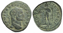 Constantius I (Caesar, 293-305). Æ Follis (28mm, 11.54g, 6h). Rome, 297-8. Laureate head r. R/ Genius standing l., holding patera and cornucopia; R-S/...