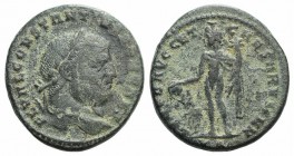Constantius I (Caesar, 293-305). Æ Follis (26mm, 9.74g, 6h) Cyzicus, 297-9. Laureate head r. R/ Genius standing l., holding patera and cornucopiae; KA...