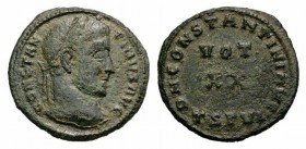 Constantine I (307/310-337). Æ Follis (19mm, 2.45g, 12h). Thessalonica, AD 320. Laureate head r. R/ Legend around VOT/XX in two lines; TSGVI. RIC VII ...