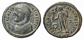 Constantine I (307/310-337). Æ Follis (19.5mm, 2.70g, 6h). Cyzicus, 317-320. Laureate bust l., wearing consular robes and holding sceptre, globe and m...