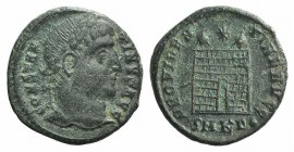 Constantine I (307/310-337). Æ Follis (17mm, 3.04g, 6h). Cyzicus, 325-6. Laureate head r. R/ Camp-gate surmounted by two turrets, star above; SMKΓ•. R...