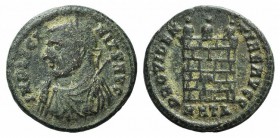 Licinius I (308-324). Æ Follis (19mm, 3.30g, 6h). Heraclea, AD 317. Laureate bust l., wearing imperial mantle, holding globe, sceptre and mappa. R/ Ca...