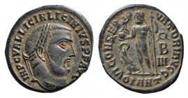 Licinius I (308-324). Æ Follis (19mm, 3.98g, 6h). Antioch, 313-4. Laureate head r. R/ Jupiter standing l. holding Victory on a globe and sceptre; at f...