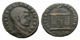 Divus Romulus (died AD 309). Æ Follis (23mm, 5.58g, 11h). Ostia, 309-312. Bare head r. R/ Eagle standing r., head l., on domed hexastyle temple with o...