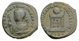 Constantine II (Caesar, 316-337). Æ Follis (17mm, 3.53g, 6h). Treveri, 322-3. Laureate, draped and cuirassed bust l., holding Victory on globe and map...