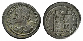 Constantine II (Caesar, 316-337). Æ Follis (20.5mm, 3.11g, 6h). Rome, c. AD 326. Laureate, draped and cuirassed bust l. R/ Camp-gate with two turrets ...