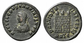Constantine II (Caesar, 316-337). Æ Follis (18mm, 4.00g, 6h). Heraclea, AD 317. Laureate and draped bust l., holding mappa, globe and sceptre. R/ Camp...