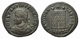 Constantine II (Caesar, 316-337). Æ Follis (19mm, 3.90g, 11h). Antioch, 330-4. Laureate, draped and cuirassed bust l. R/ Camp-gate with two turrets, s...