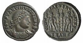Constantine II (Caesar, 316-337). Æ Follis (17mm, 2.78g, 11h). Antioch, 330-5. Laureate and cuirassed bust r. R/ Two signa between two soldiers, each ...