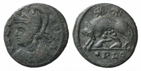 Commemorative Series (330-354). Æ Follis (15mm, 2.28g, 12h). Lugdunum, AD 330. Helmeted and mantled bust of Roma l. R/ She-wolf standing l., suckling ...
