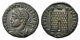 Constantius II (Caesar, 324-337). Æ Follis (18mm, 3.74g, 6h). Rome, AD 326. Laureate, draped and cuirassed bust l. R/ Camp gate, star above; R-wreath-...